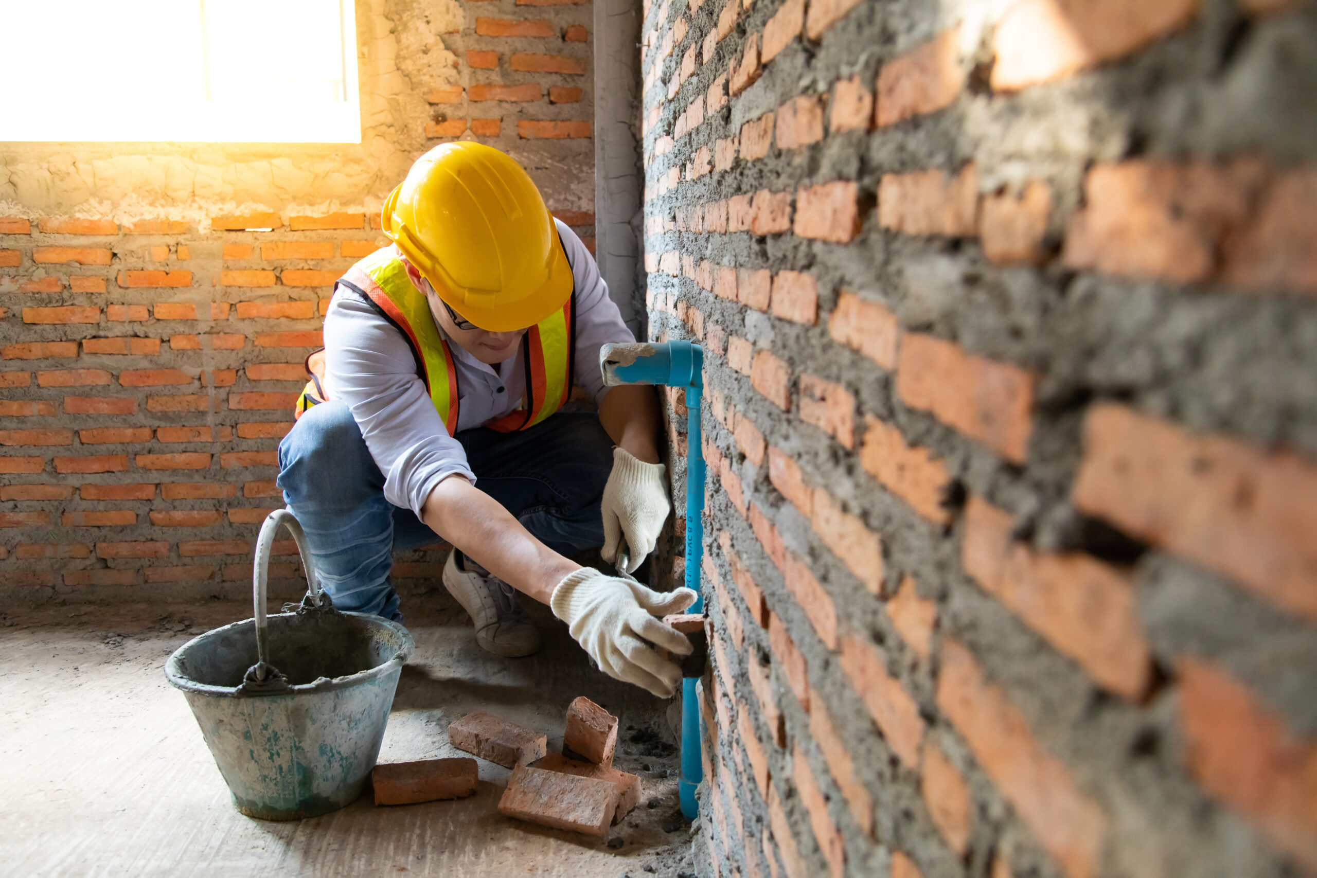 Man bricklayer installing bricks on construction site